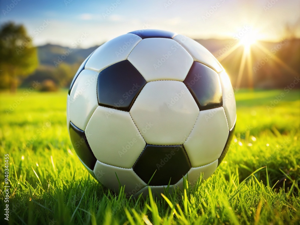 Fototapeta premium A vibrant, brightly lit, white soccer ball with black pentagons and bold, curved lines rests on a lush, vibrant green grassy field.