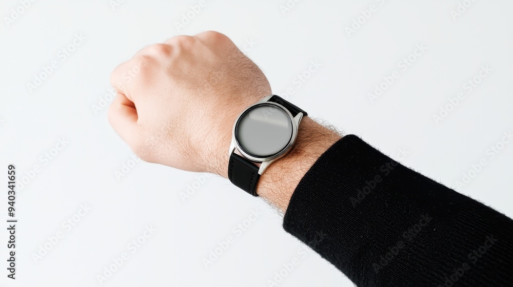Person Showing Wrist with Modern Digital Smartwatch on White Background Person Showing Wrist with Modern Digital Smartwatch on White Background