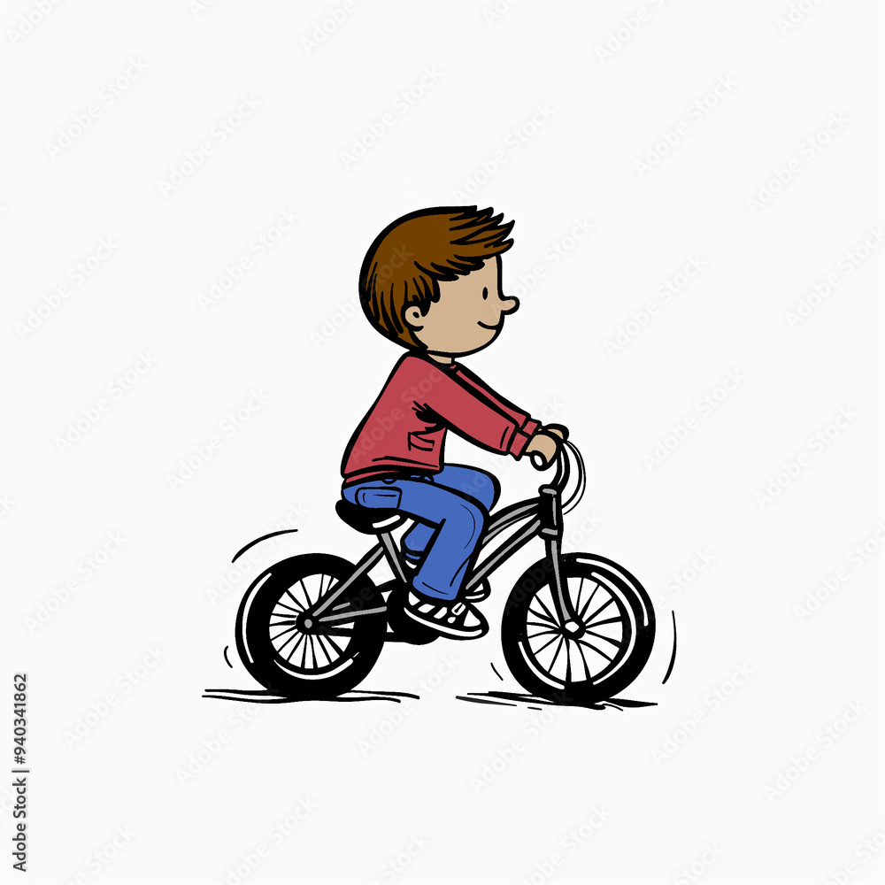 A Cartoon Drawing of a Young Boy Riding a Bicycle on a Blank White Background A Cartoon Drawing of a Young Boy Riding a Bicycle on a Blank White Background