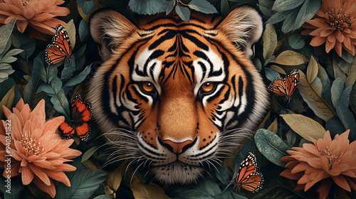 a tiger with a prominent stripe pattern, surrounded by butterflies of various colors, set against a warm background.