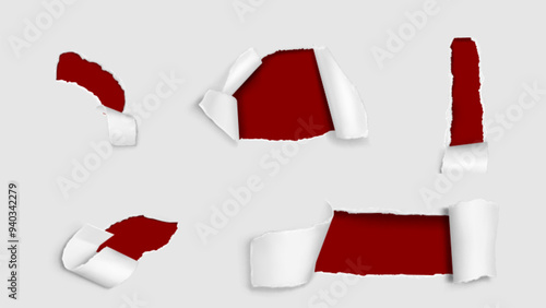 Torn paper holes with roll. Realistic vector illustration set of rip page frames. Reveal break cardboard sheet with grunge ragged edges with parchment scroll. Text and advertising message box.