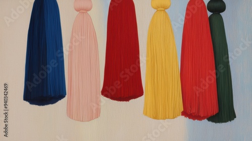 Wallpaper Mural Colorful Bass Tassels: Vibrant, Artistic, Decorative Tassels Vertically Arranged on a Textured Background Torontodigital.ca