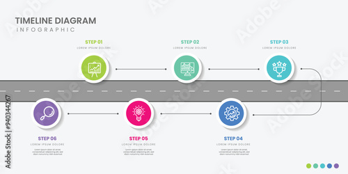 Infographic template for business. 6 Steps Modern Timeline diagram with road journey concept, presentation