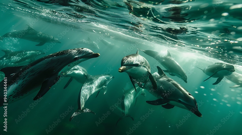 Fototapeta premium Pod of dolphins swimming in the ocean, captured from underwater with sunlight streaming through the water.