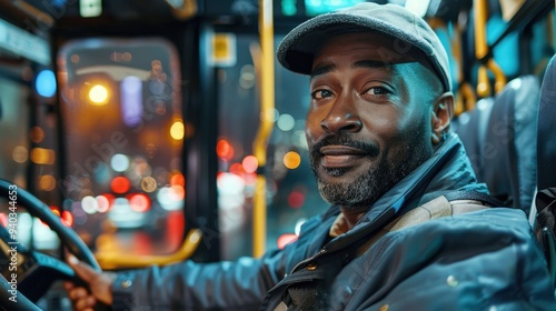 Driving and Greeting: The bus driver sits behind the wheel, welcoming passengers onto the bus while remaining alert and focused as he navigates through traffic. 