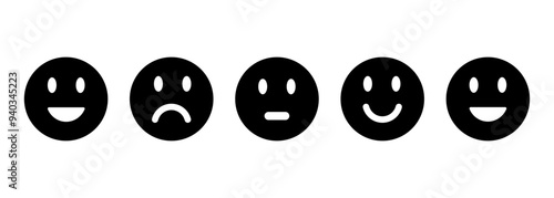 emoji icons, emoji, emoji icon, rating emoji set in black, feedback emoticons collection, very happy, happy, bad and very bad emoji, sad and very sad emoji