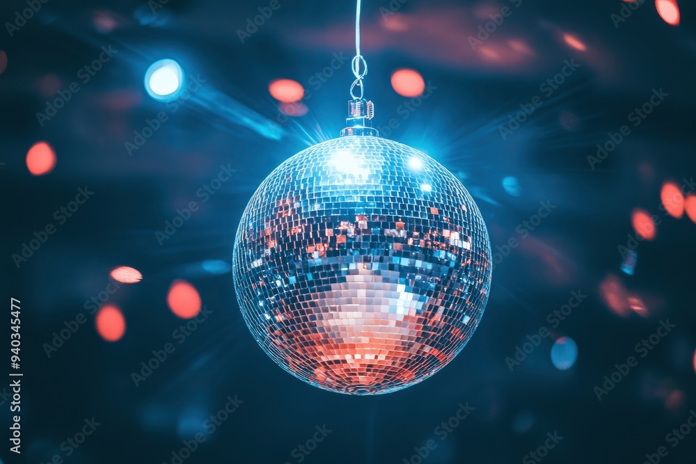 Obraz premium disco ball with mirror surface and bright rays, hanging on ceiling, night party background , ai