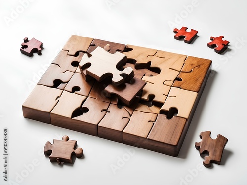 wooden jigsaw puzzle being assembled on a clean white surface with pieces gradually fitting together photo