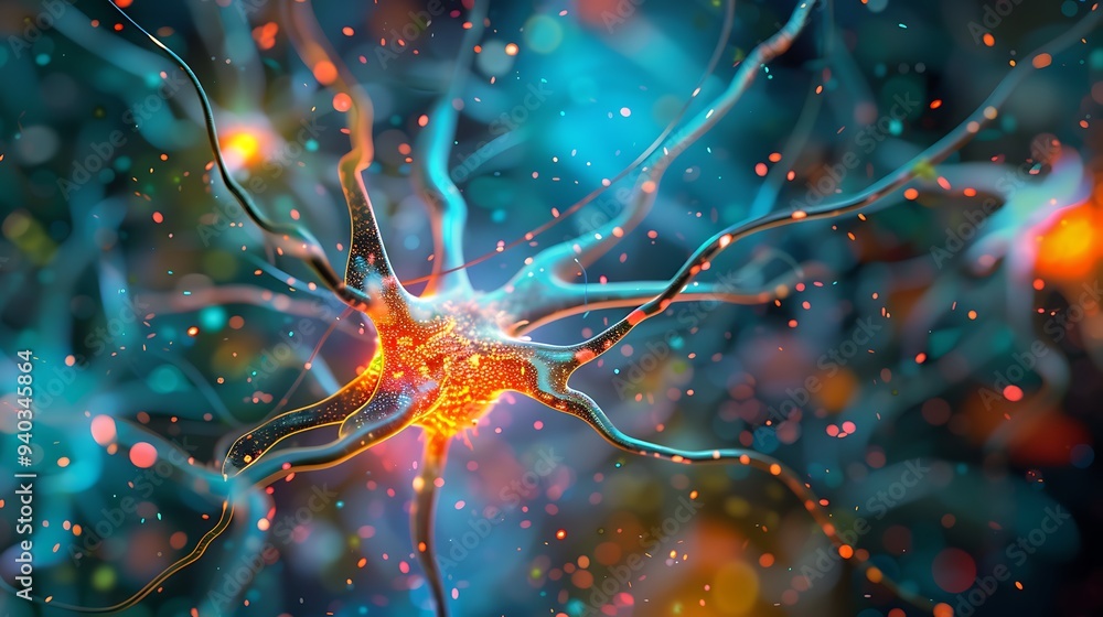 Neuron Essential Function Microscopic of a neuron, highlighting the intricate network of ...