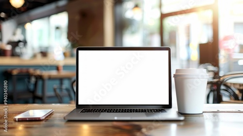 Modern minimalist workspace with a sleek laptop computer, coffee cup, and neatly arranged office supplies on a clean wooden desk, ideal for productivity and remote work concepts, professional business