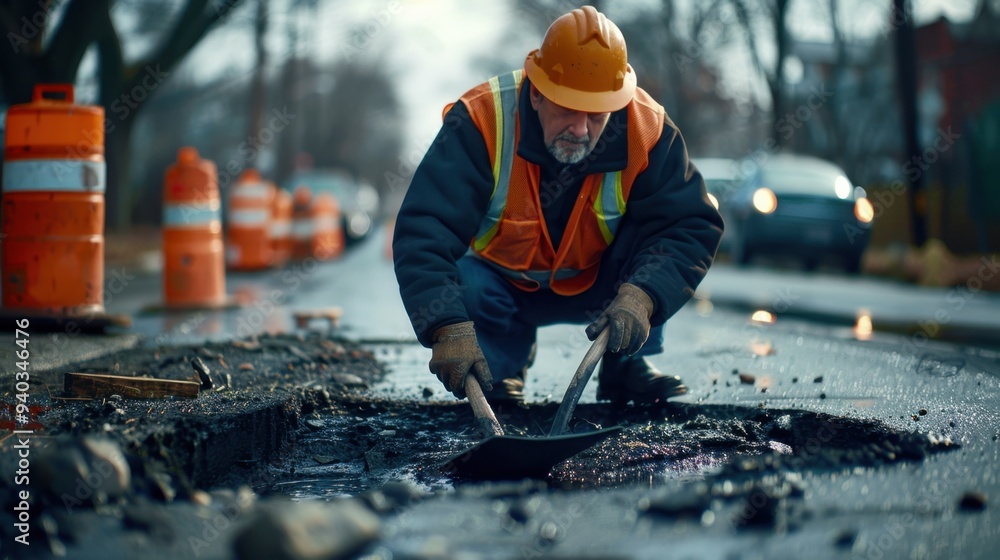 Road Work: The road worker, clad in a reflective vest and hard hat, skillfully smooths fresh asphalt with a shovel, his face intent as the afternoon sun shines brightly.
Road Work: The road worker, clad in a reflective vest and hard hat, skillfully smooths fresh asphalt with a shovel, his face intent as the afternoon sun shines brightly.