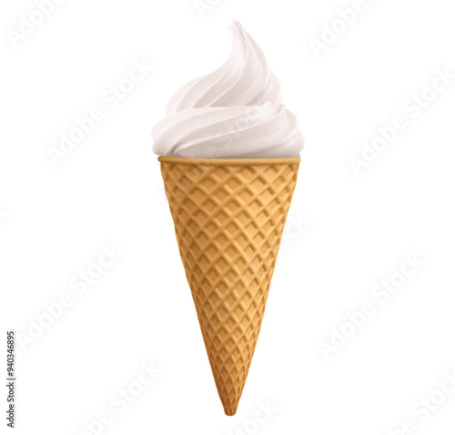 White vanilla soft ice cream swirl in waffle cone. Realistic 3d vector illustration of cold sweet summer milk dessert in poke cup with wafer texture. Frozen liquid twisted sugar creamy sundae snack.