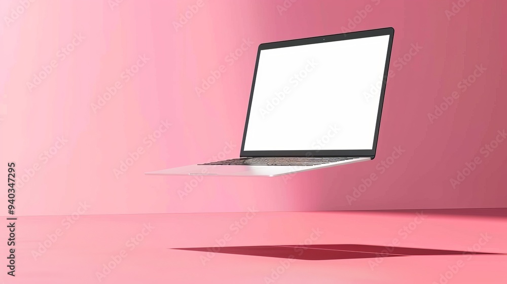 Floating laptop computer mockup with blank white screen isolated on vibrant pink background – levitating modern notebook with shadow for technology presentations, website design, and digital marketing Floating laptop computer mockup with blank white screen isolated on vibrant pink background – levitating modern notebook with shadow for technology presentations, website design, and digital marketing
