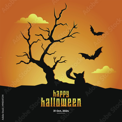 Flat Halloween background with scary flying Bat and Fox