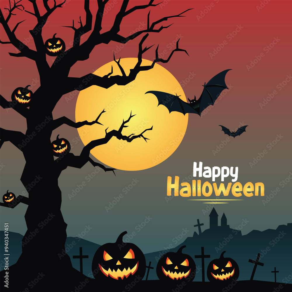 Flat Halloween background with scary flying Bat and Pumpkin Flat Halloween background with scary flying Bat and Pumpkin