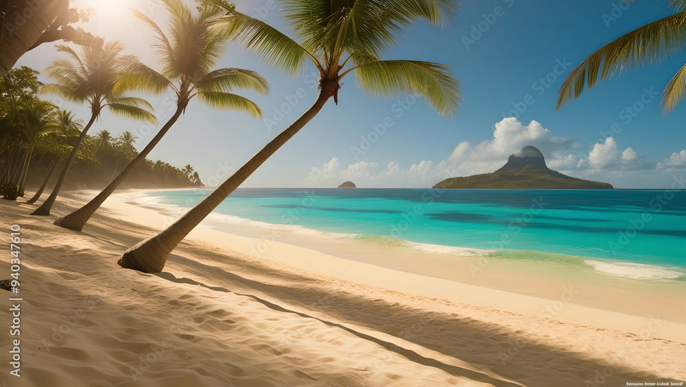 Tropical Oasis: Island Beach with Swaying Palm Trees and Clear Seas Tropical Oasis: Island Beach with Swaying Palm Trees and Clear Seas