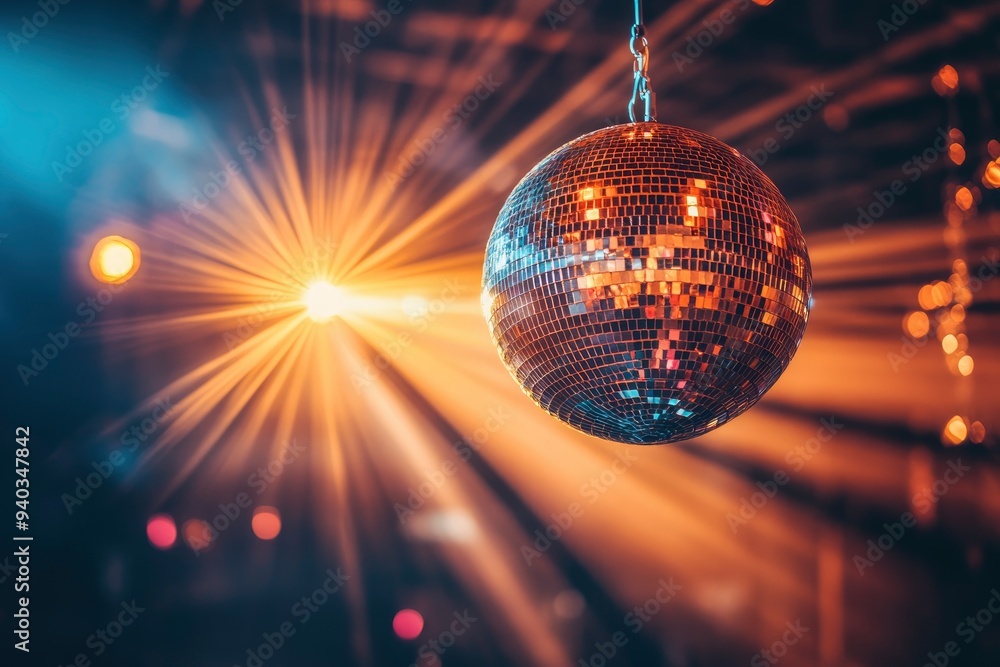 Obraz premium disco ball with mirror surface and bright rays, hanging on ceiling, night party background , ai