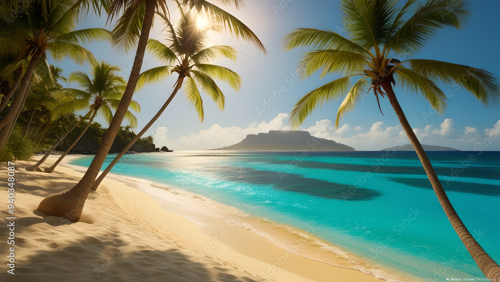 Fototapeta premium Paradise Found: Island Beach with Palm Trees and Blue Ocean