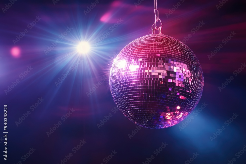 Obraz premium disco ball with mirror surface and bright rays, hanging on ceiling, night party background , ai