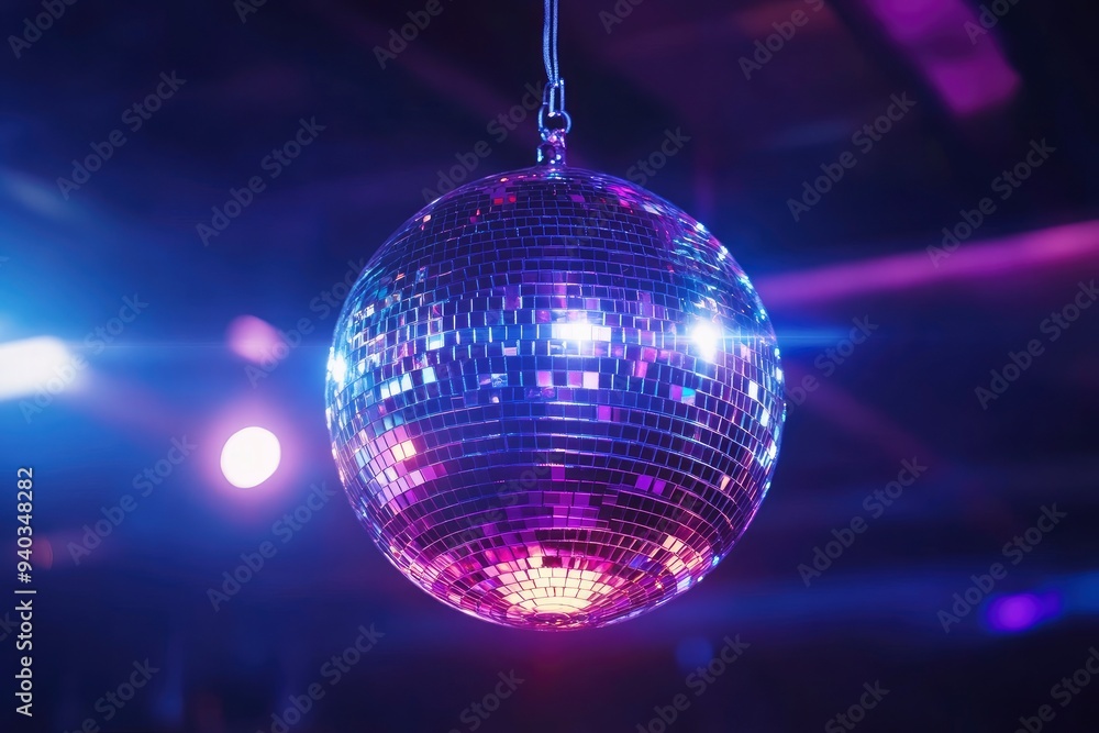 Obraz premium disco ball with mirror surface and bright rays, hanging on ceiling, night party background , ai