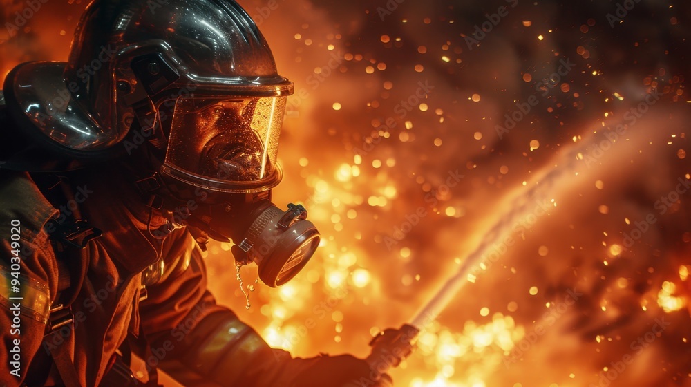 Heroic Effort: Equipped with a helmet and protective suit, the firefighter sprays water on the fire with a powerful hose, focused and resolute as he tackles the flames with his team.
Heroic Effort: Equipped with a helmet and protective suit, the firefighter sprays water on the fire with a powerful hose, focused and resolute as he tackles the flames with his team.