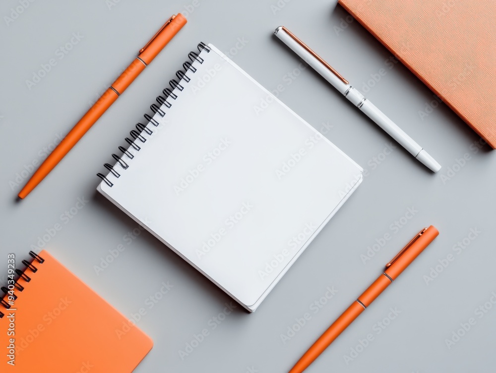 A clean, minimalistic workspace featuring a blank notebook, orange pens, and a modern aesthetic for creative inspiration. A clean, minimalistic workspace featuring a blank notebook, orange pens, and a modern aesthetic for creative inspiration.