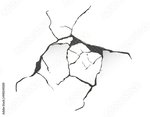 Broken concrete wall or cracked ground texture effect on transparent background. Fissure split hole in drought distressed surface. Realistic 3d vector destruction fracture in cement or paint floor.