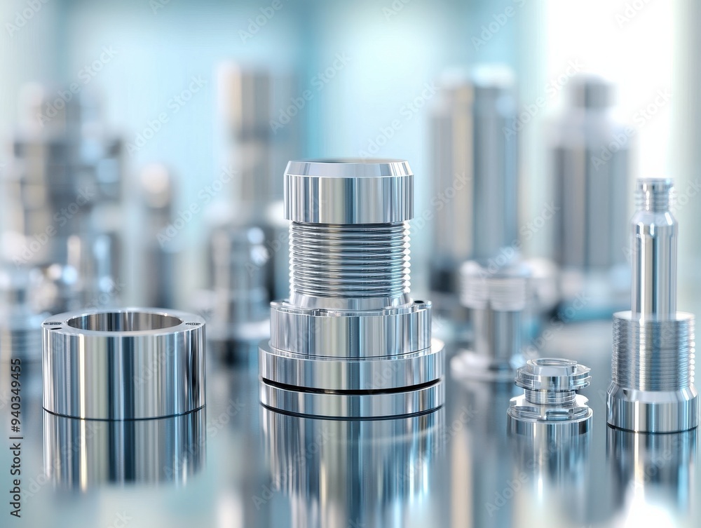 A close-up of shiny metal parts showcasing precision engineering and manufacturing details in an industrial setting. A close-up of shiny metal parts showcasing precision engineering and manufacturing details in an industrial setting.