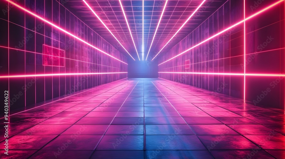 Fototapeta premium Neon Lights Corridor, Pink & Blue, Futuristic Design