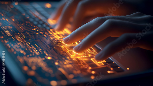 Glowing Circuit Board Overlay/ The software engineer's hand is shown typing on a laptop, with a glowing circuit board overlaying the image. The circuit board's light pulses in sync with the keystrokes
