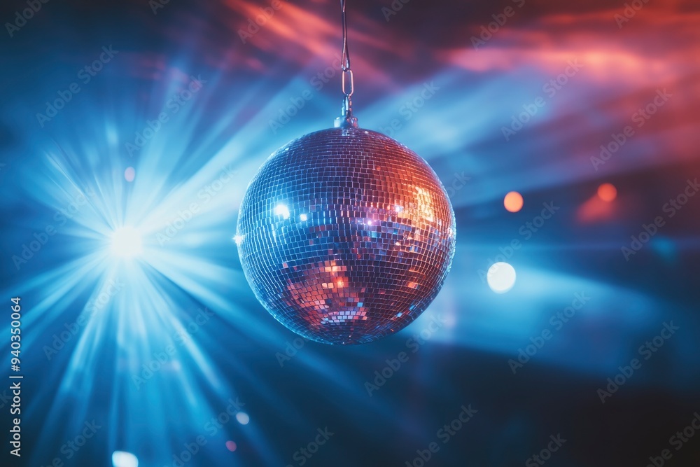 Obraz premium disco ball with mirror surface and bright rays, hanging on ceiling, night party background , ai