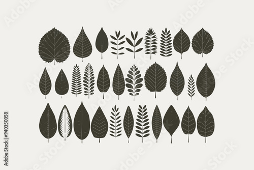 set of nature-themed vector illustrations focusing on various types of leaves on a white background
