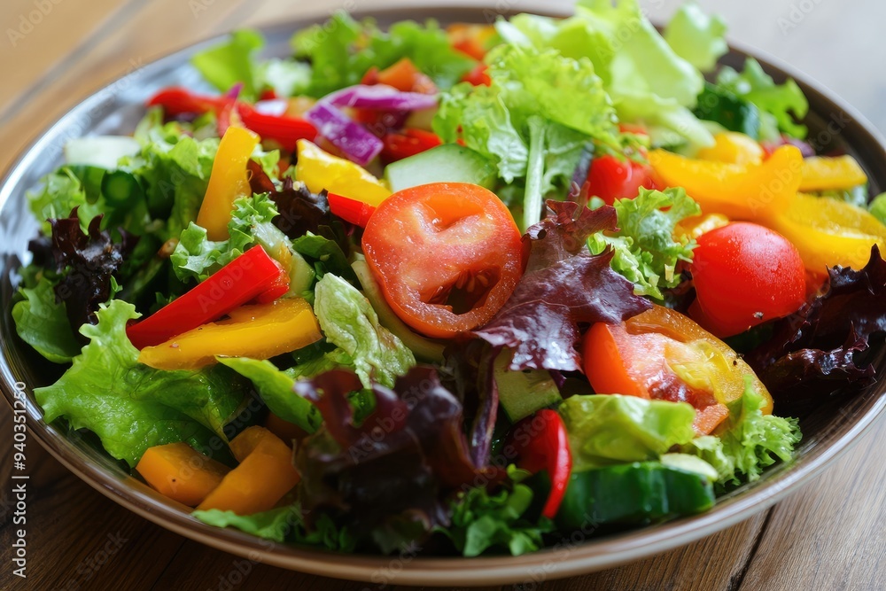 Fresh Salad with Mixed Greens, Tomatoes, Bell Peppers, and Cucumbers Fresh Salad with Mixed Greens, Tomatoes, Bell Peppers, and Cucumbers