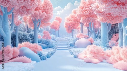 A magical Christmas forest filled with pink and blue trees, twinkling lights,