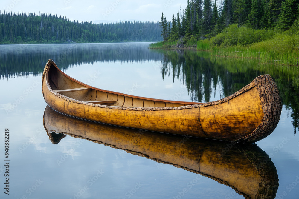 Rustic Bark Canoe on Peaceful Wilderness Lake: Quiet Solitude in Nature's Embrace Rustic Bark Canoe on Peaceful Wilderness Lake: Quiet Solitude in Nature's Embrace