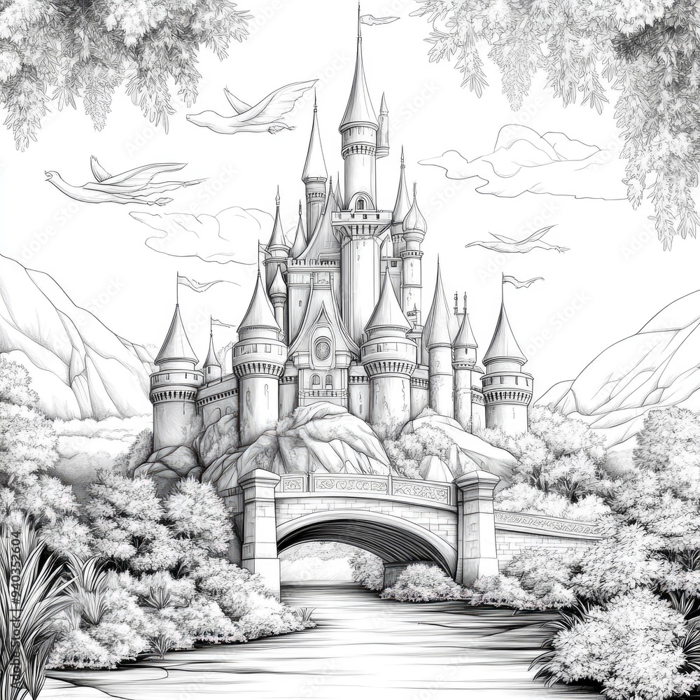 Fototapeta premium Majestic Castle Illustration with Bridge and Birds
