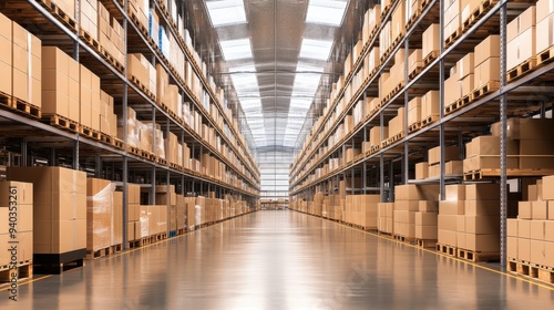 A spacious warehouse filled with neatly arranged cardboard boxes on pallets, showcasing an organized storage environment.