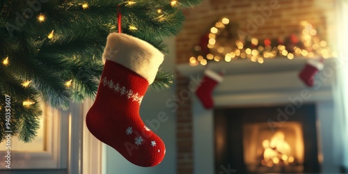 Festive Christmas Eve Scene with Red Santa Hat and Stocking Hung by Tree. Traditional Holiday Decor Capturing Anticipation and Joy of Christmas Morning. Perfect for Seasonal Marketing and Celebration  photo