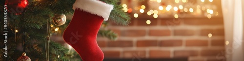 Festive Christmas Eve Scene with Red Santa Hat and Stocking Hung by Tree. Traditional Holiday Decor Capturing Anticipation and Joy of Christmas Morning. Perfect for Seasonal Marketing and Celebration  photo