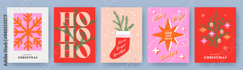 Merry Christmas greeting card Set. Modern art Xmas design with typography and beautiful snowflakes, Christmas tree, toys and stars. Trendy hand drawn illustration for season banner, poster, cover
