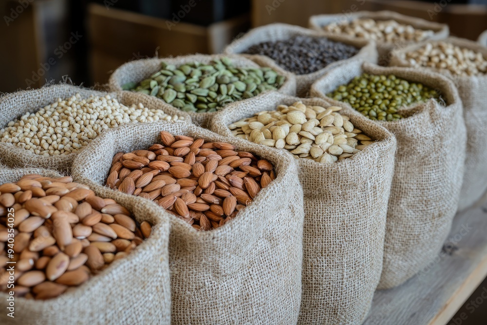 Obraz premium Assortment of Seeds and Nuts in Burlap Sacks