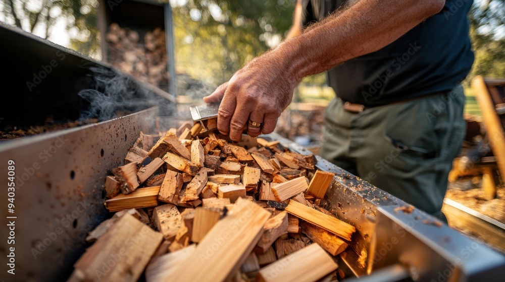 A man focused on his task, placing a generous amount of wood chips into a smoker box positioned inside a large outdoor smoker. The image captures the detailed texture of the wood chips and the sturdy A man focused on his task, placing a generous amount of wood chips into a smoker box positioned inside a large outdoor smoker. The image captures the detailed texture of the wood chips and the sturdy