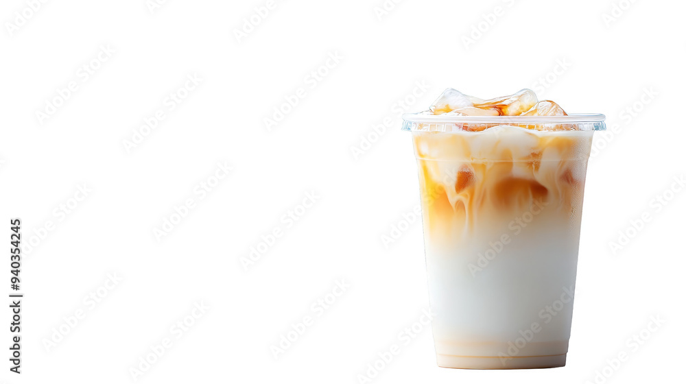 Iced Coffee with Milk and Ice Cubes in a Plastic Cup Iced Coffee with Milk and Ice Cubes in a Plastic Cup