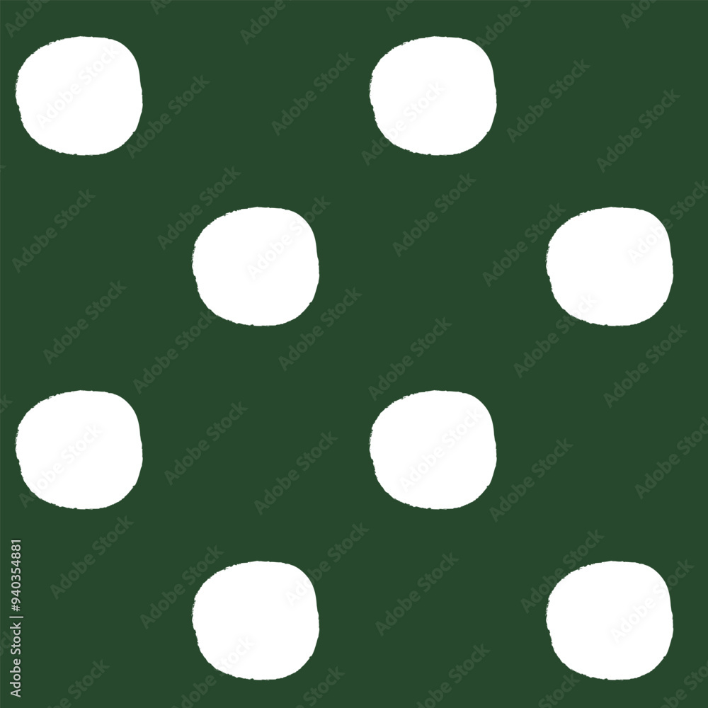 All over seamless repeat pattern with white polka dots with grunge edges half drop on deep forest green. Simple versatile background for Christmas and everyday wrap, packaging, fabric, wallpaper. All over seamless repeat pattern with white polka dots with grunge edges half drop on deep forest green. Simple versatile background for Christmas and everyday wrap, packaging, fabric, wallpaper.