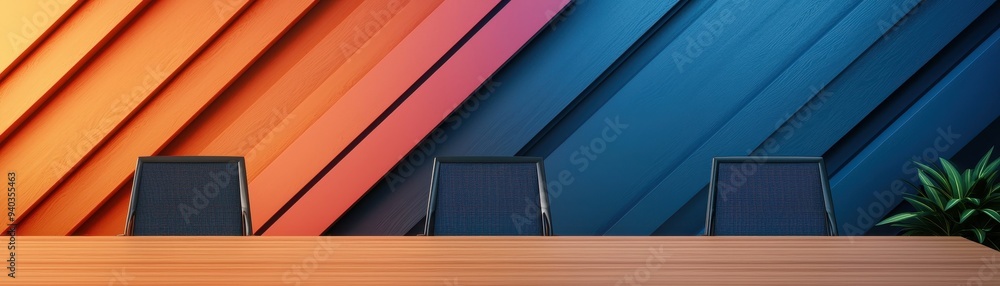 Obraz premium Modern conference room with stylish chairs and a vibrant wall featuring diagonal stripes in orange and blue tones.