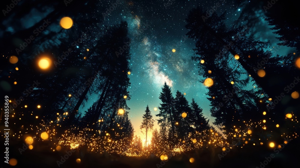 Naklejka premium A night-time forest scene captured from the ground, featuring tall trees with intricate silhouettes against a starry sky. The forest floor is covered in lush undergrowth and patches of bioluminescent