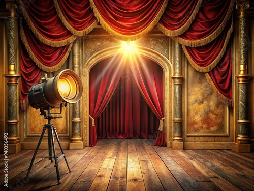 A vintage theater spotlight shines bright, casting a warm glow on a weathered opera house stage, surrounded by ornate red curtains and faded golden accents. photo