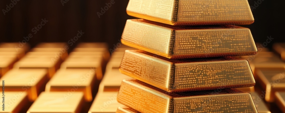 A close-up view of stacked gold bars, symbolizing wealth and prosperity in a luxurious environment. A close-up view of stacked gold bars, symbolizing wealth and prosperity in a luxurious environment.