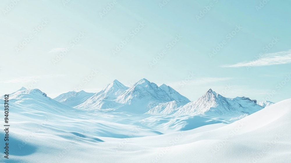 Obraz premium Snow-covered mountain range under a pale winter sky, tranquil and serene alpine landscape scene under a clear blue sky