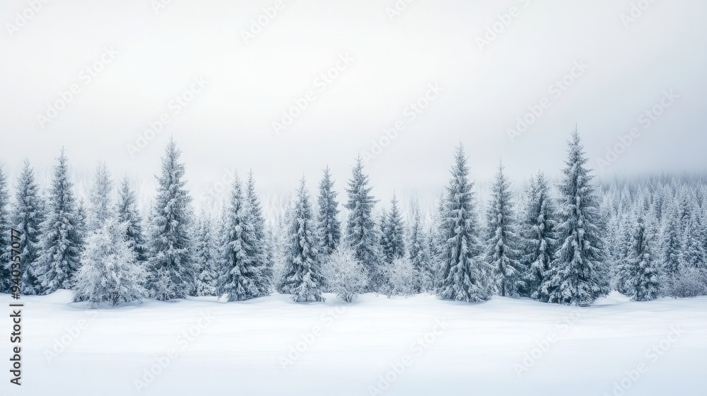 Fototapeta premium Snow-covered pine forest under a pale winter sky, tranquil and serene winter landscape scene